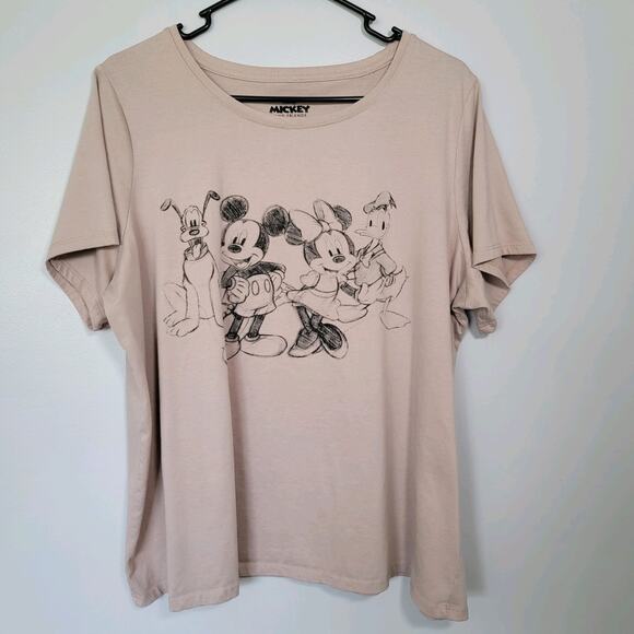 Disney Mickey & Friends Tee Shirt Womens Sz 1X Taupe Goofy Mickey Minnie Donald - Picture 1 of 7